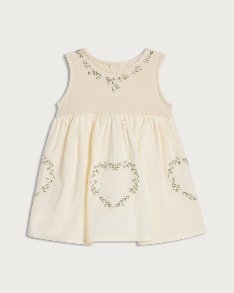F&F Baby Pure Cotton Embroidered Sleeveless Dress in Cream