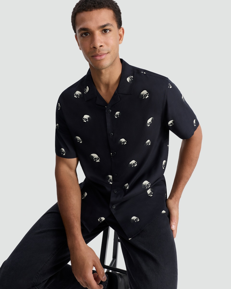 image 1 of F&F Skull Print Short Sleeved Shirt in Black