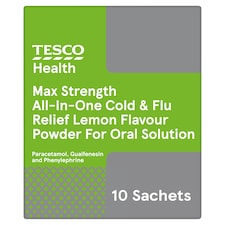 Tesco Health Max Strength All-In-One Cold & Flu Relief Powder - Lemon 10 Sachets
