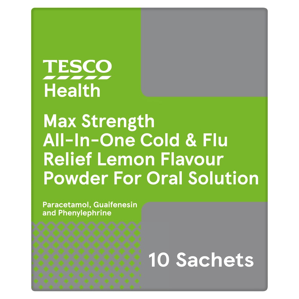 Tesco Health Max Strength All-In-One Cold & Flu Relief Powder - Lemon 10 Sachets