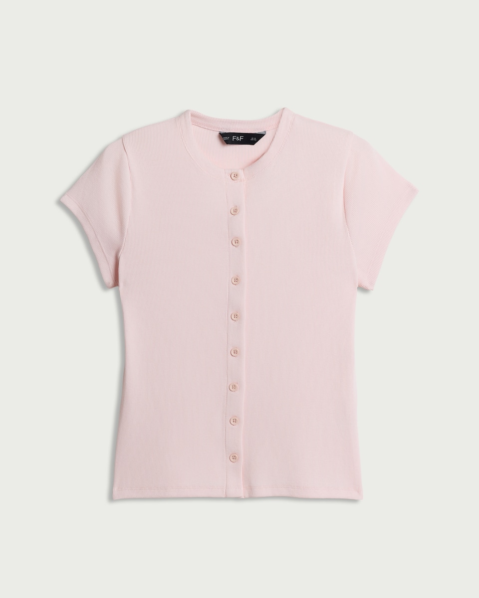 image 1 of F&F Cotton Rich Ribbed Button Up Top in Pink