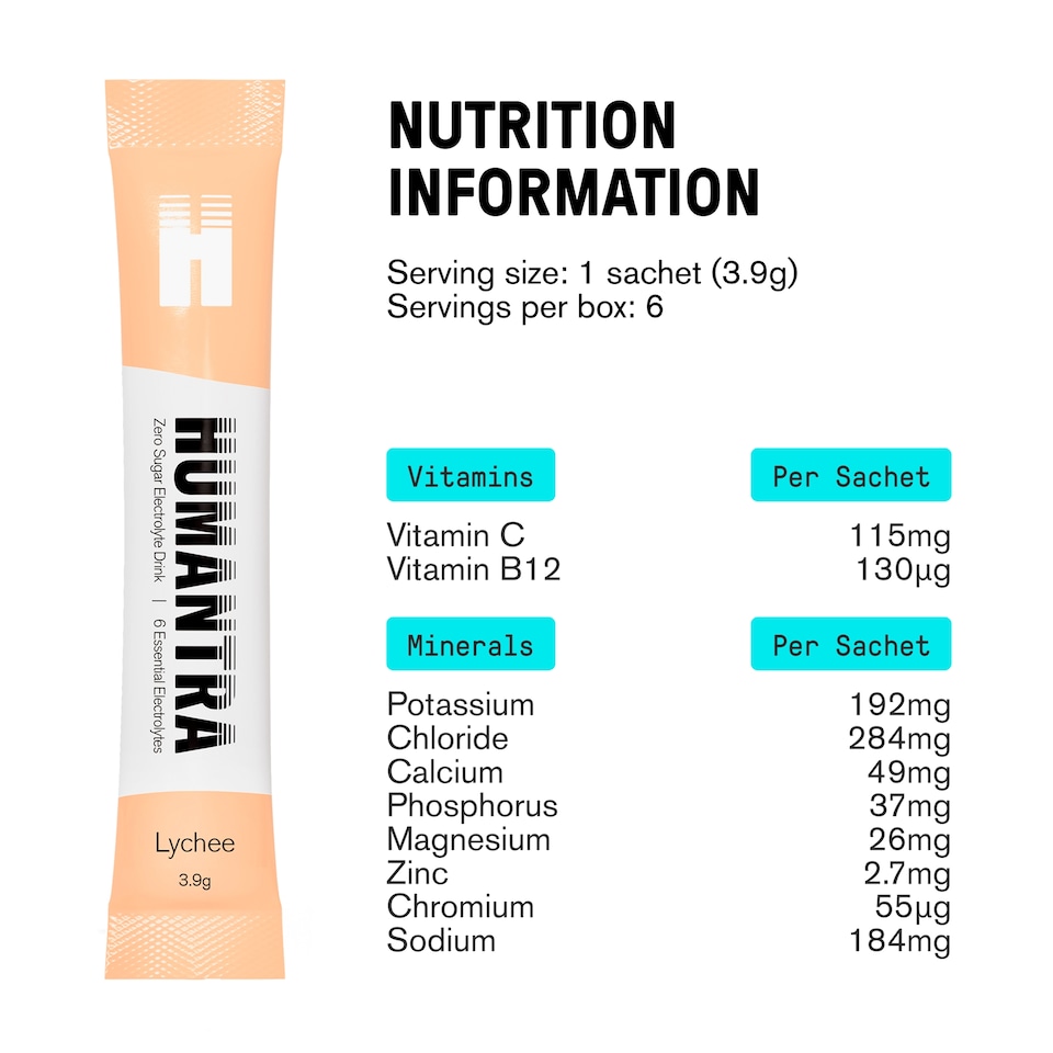 image 1 of Humantra Lychee Zero Sugar Electrolyte Drink 6 x 3.9g Sachets