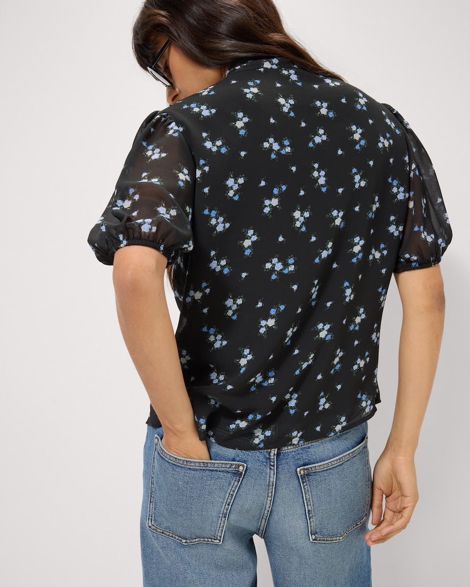 image 1 of F&F Ditsy Floral Tie Neck Blouse in Multi Black