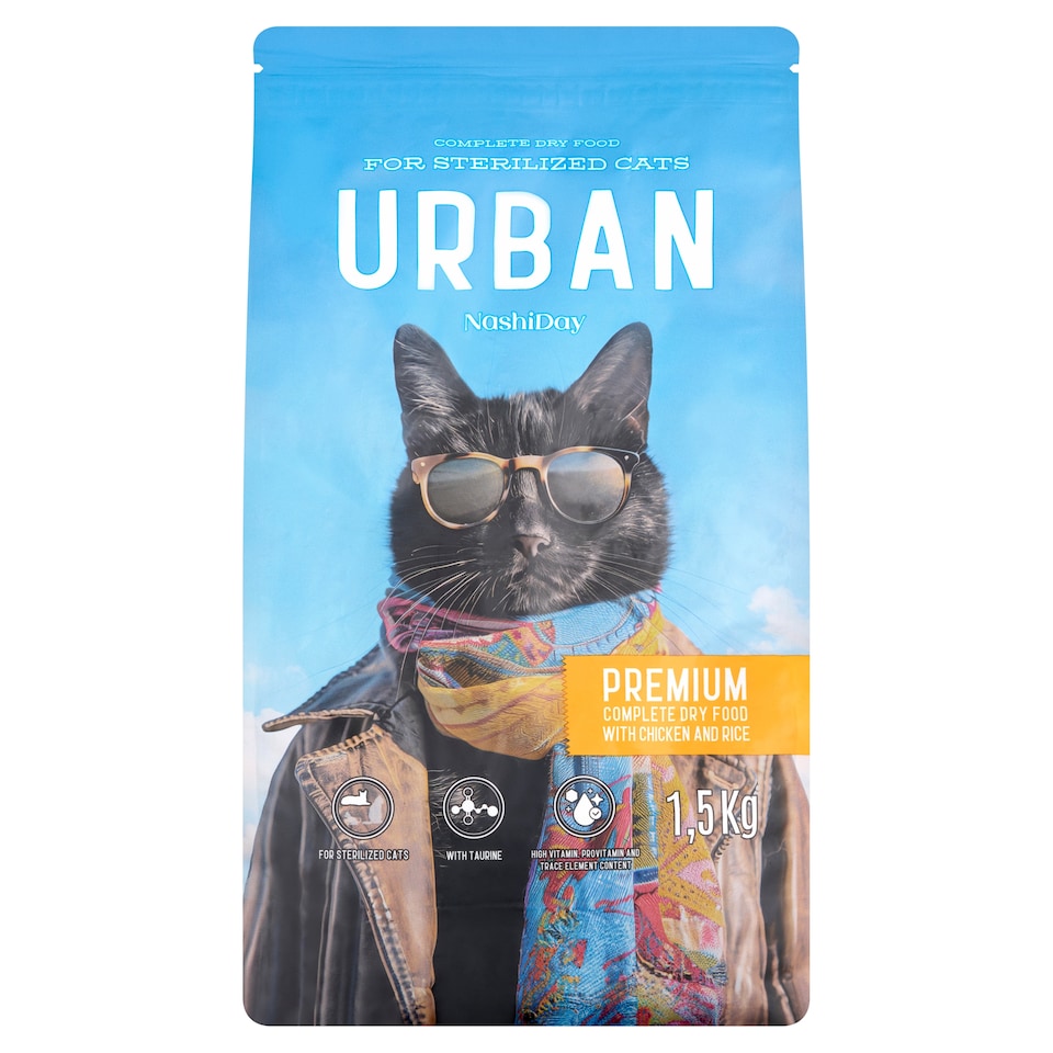 NashiDay Urban teljes értékű száraz állateledel ivartalanított macskáknak csirkével, rizzsel 1,5 kg  1. kép