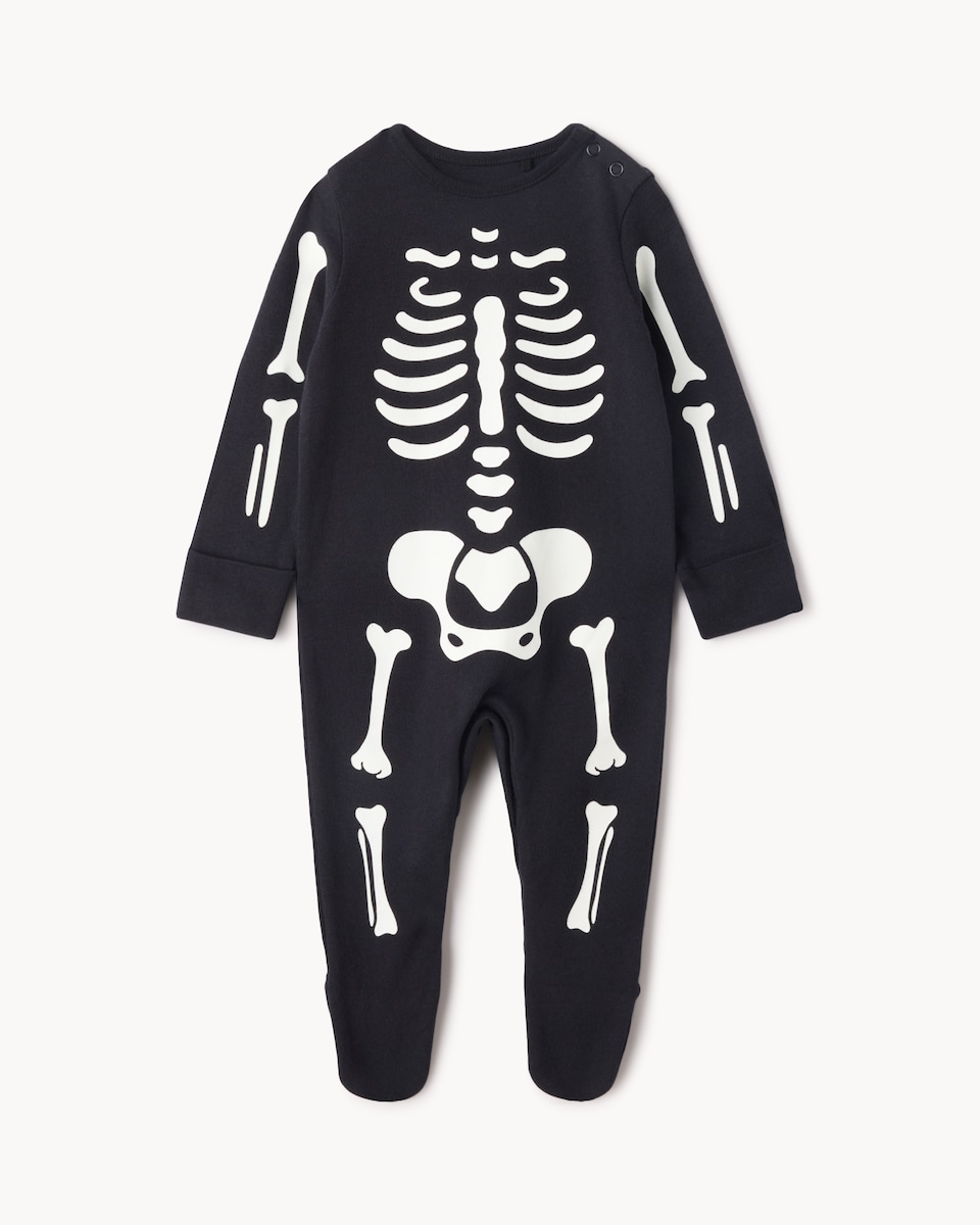 image 1 of F&F Baby Pure Cotton Halloween Skeleton Sleepsuit in Black