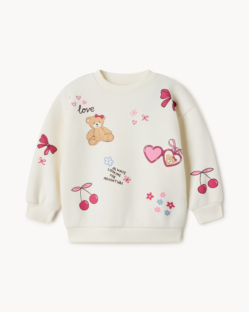 image 1 of F&F Girls Cotton Rich Heart Print Sweatshirt in Cream