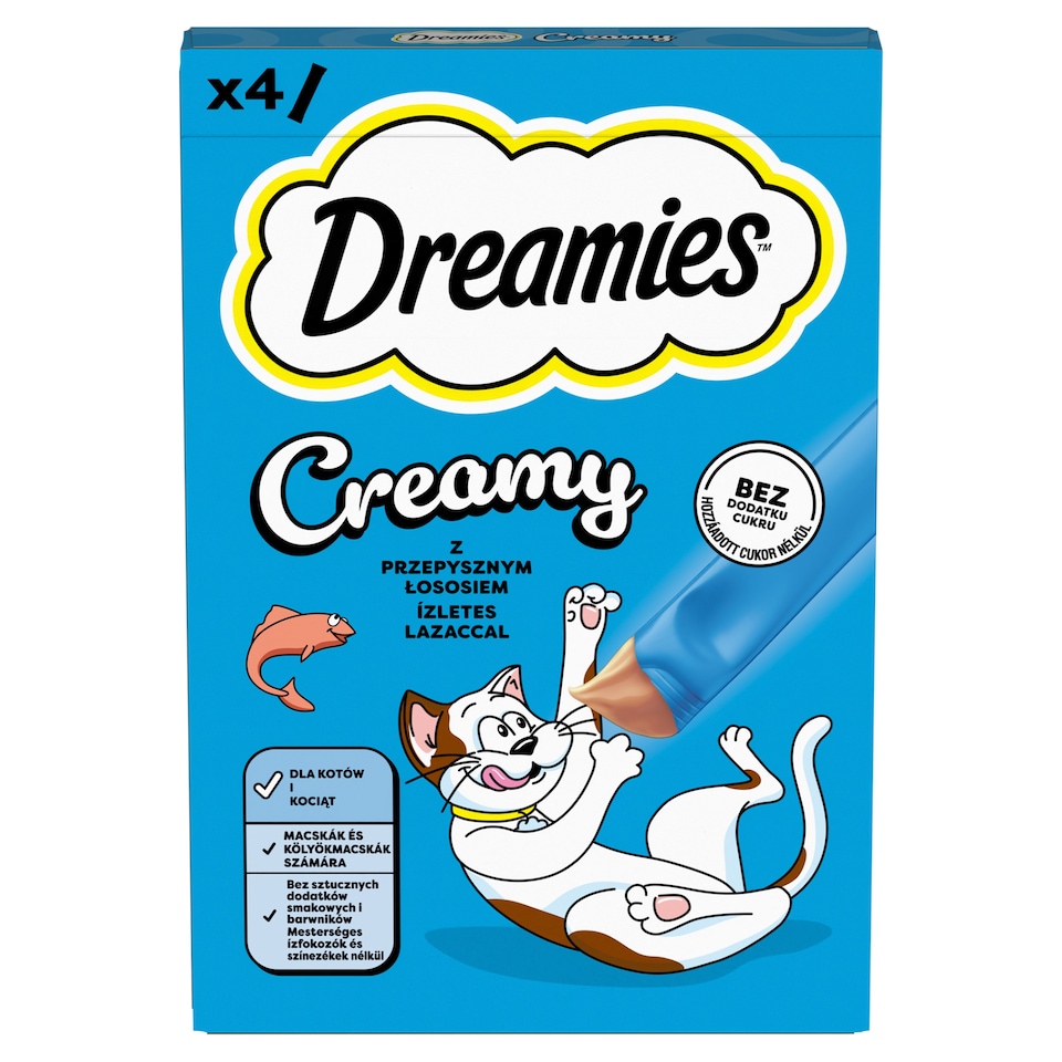  Dreamies Creamy kiegészítő macskaeledel lazaccal macskák és kölyökmacskák számára 4 x 10 g (40 g)