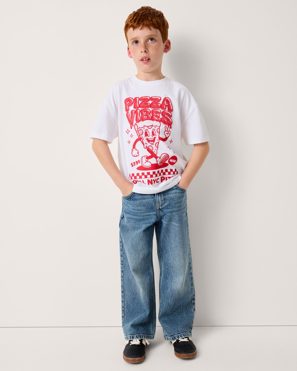 image 1 of F&F Boys Pure Cotton Pizza Vibes T-Shirt in White