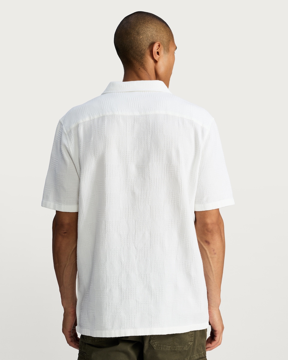 image 1 of F&F Pure Cotton Textured Relaxed Fit Short Sleeved Revere Shirt in White