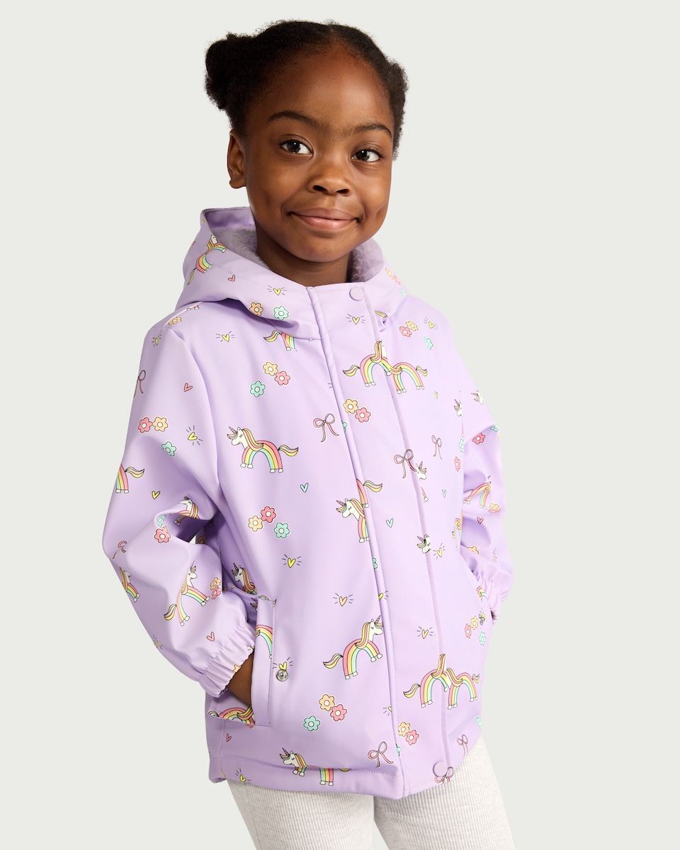 image 1 of F&F Girls Unicorn Print Raincoat in Lilac