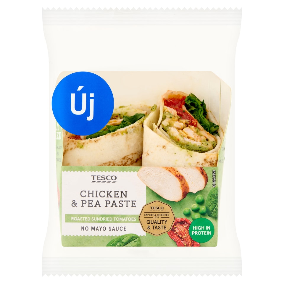 Tesco tortilla sült csirkemellel, zöldborsókrémmel, spenóttal és szárított paradicsommal 170 g