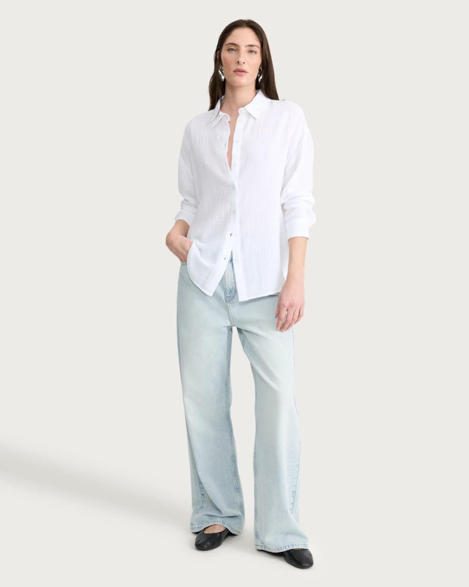 image 1 of F&F Pure Cotton Double Cloth Long Sleeved Shirt in White