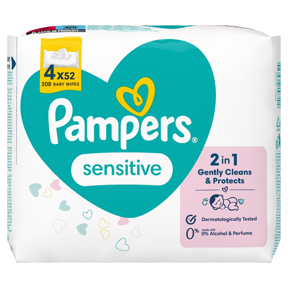 Pampers Sensitive Nedves Törlőkendő, 4 csomag = 208 db Törlőkendő  1. kép