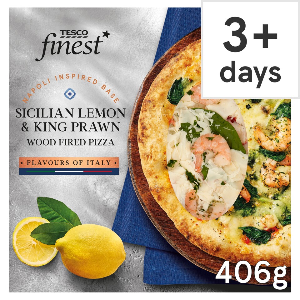 Tesco Finest Sicilian Lemon & King Prawn Wood Fired Pizza 406g