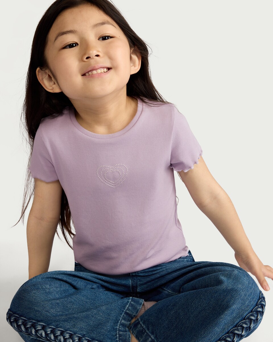 image 1 of F&F Girls Cotton Rich Heart Embroidered T-Shirt in Lilac
