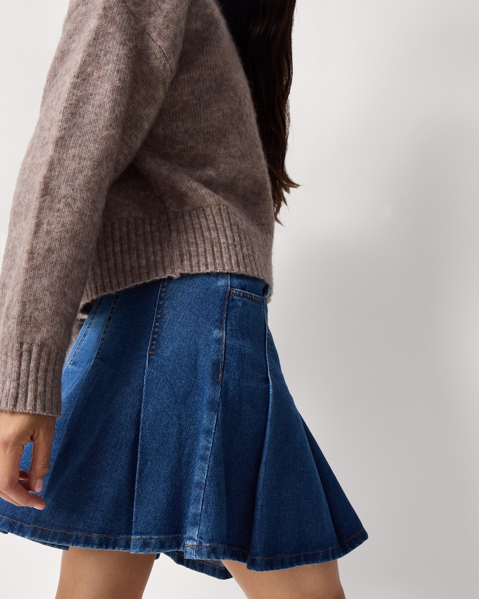 image 1 of F&F Pure Cotton Pleated Denim Mini Skirt in Blue