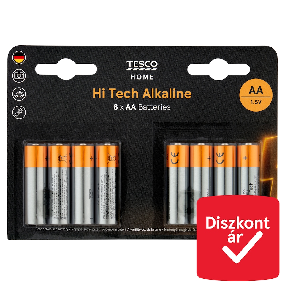 Tesco Home Hi Tech AA LR6 1,5 V nagy teljesítményű alkáli elem 8 db