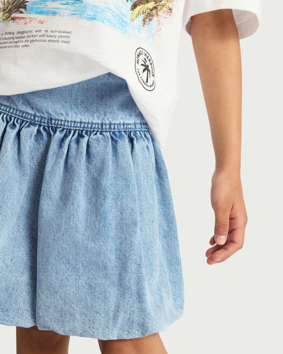 image 1 of F&F Girls Pure Cotton Bubble Hem Denim Skirt in Blue