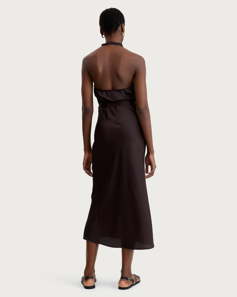 image 1 of F&F Satin Cowl Neck Sleeveless Midi Dress in Chocolate