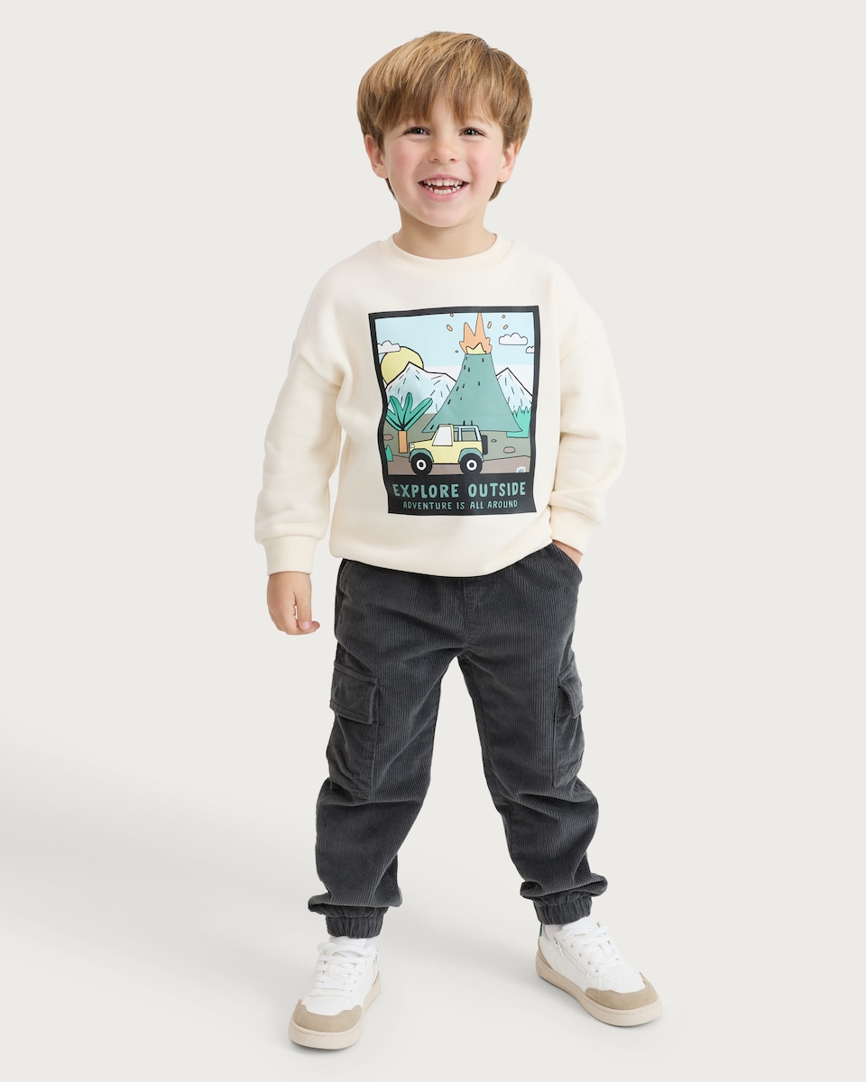 image 1 of F&F Boys Cotton Rich Explore Outside Adventure Sweatshirt in Cream