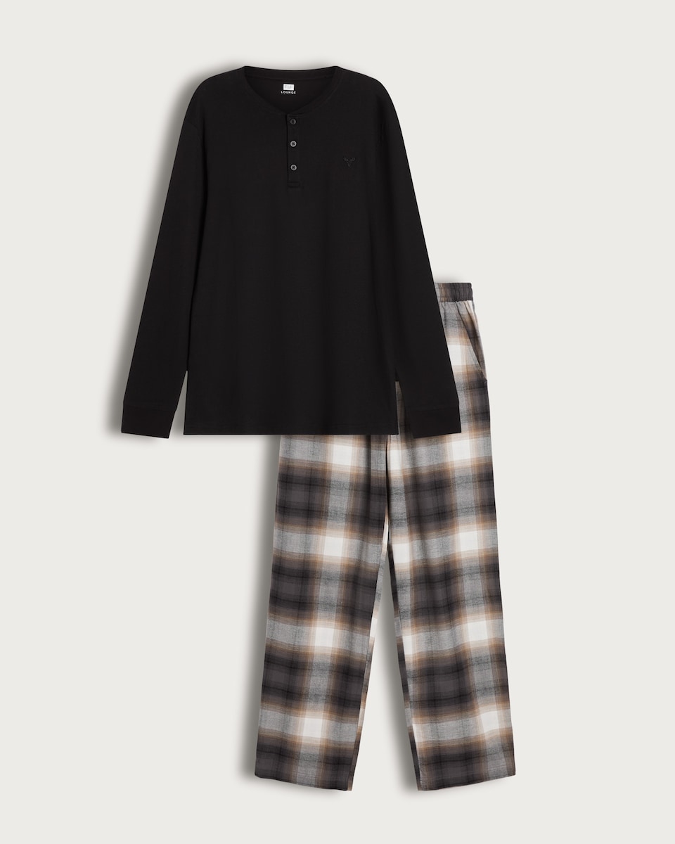 image 1 of F&F Pure Cotton Henley Top and Check Print Bottoms Pyjama Set in Multi