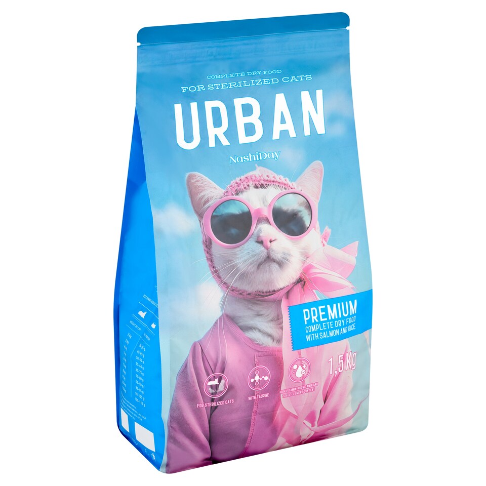 NashiDay Urban teljes értékű száraz állateledel ivartalanított macskáknak lazaccal és rizzsel 1,5 kg  1. kép