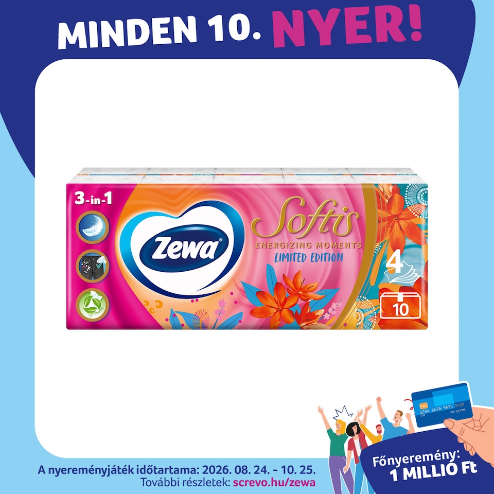 Zewa Softis Energizing Moments illatosított papír zsebkendő 4 rétegű 10 x 9 db  1. kép