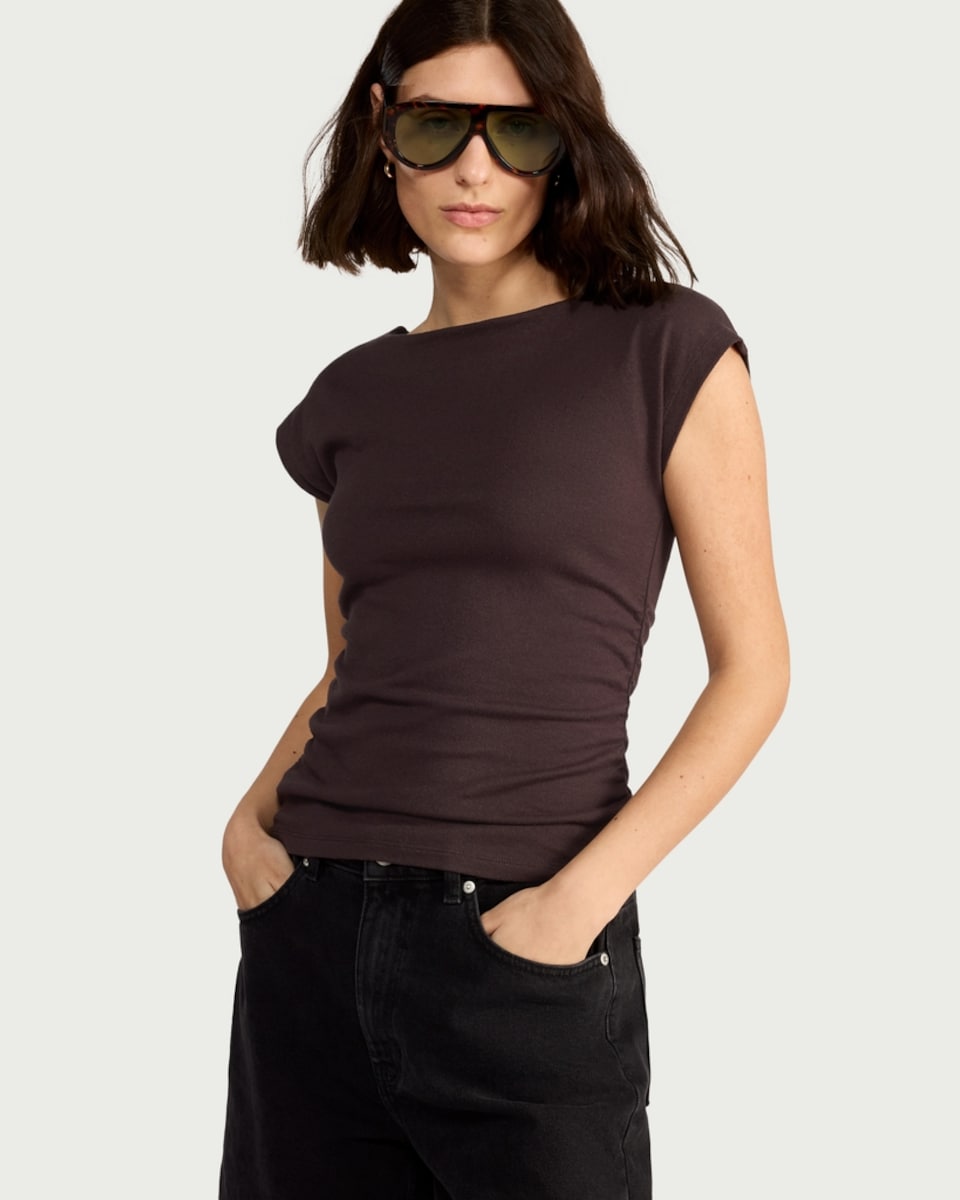 image 1 of F&F Cotton Rich Ruched Side Cap Sleeved Top in Chocolate