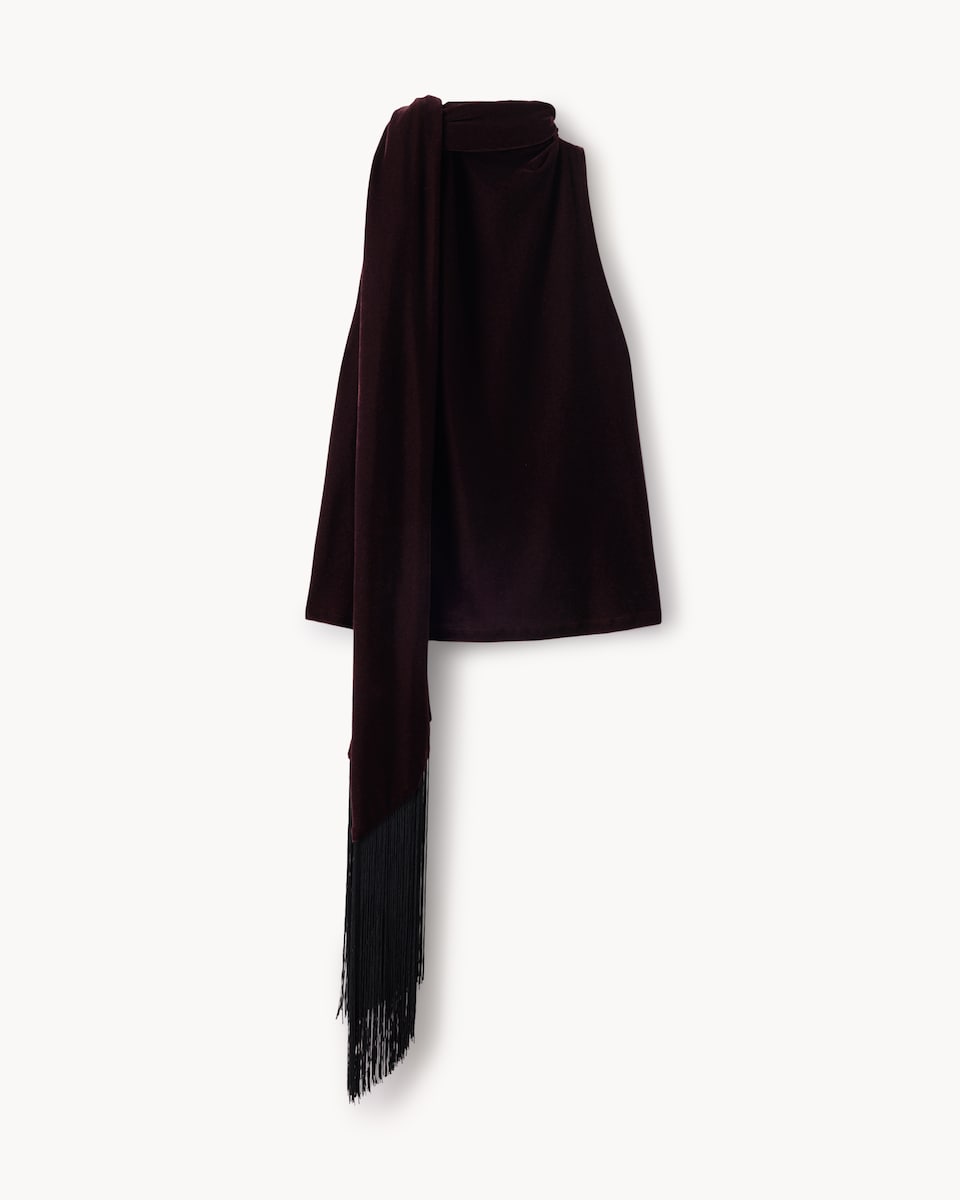 image 1 of F&F Velvet Fringed Halter Neck Top in Burgundy
