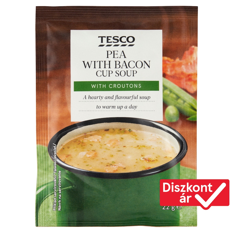 Tesco instant borsóleves pirított kenyérkockákkal és baconnel 22 g