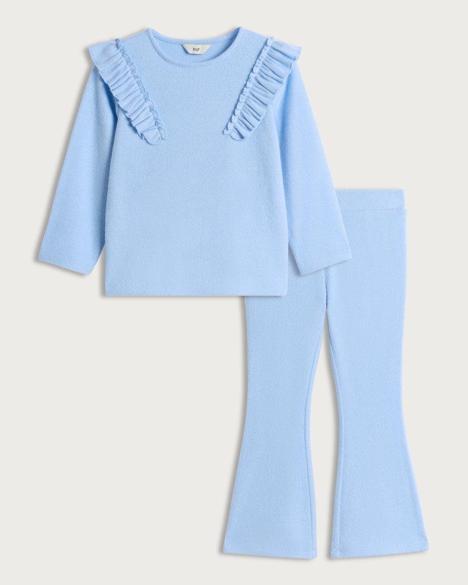 image 1 of F&F Girls 2-Piece Textured Ruffle Top and Flared Leggings Set in Blue