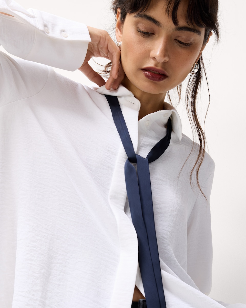 image 1 of F&F Textured Tie Neck Blouse in Cream
