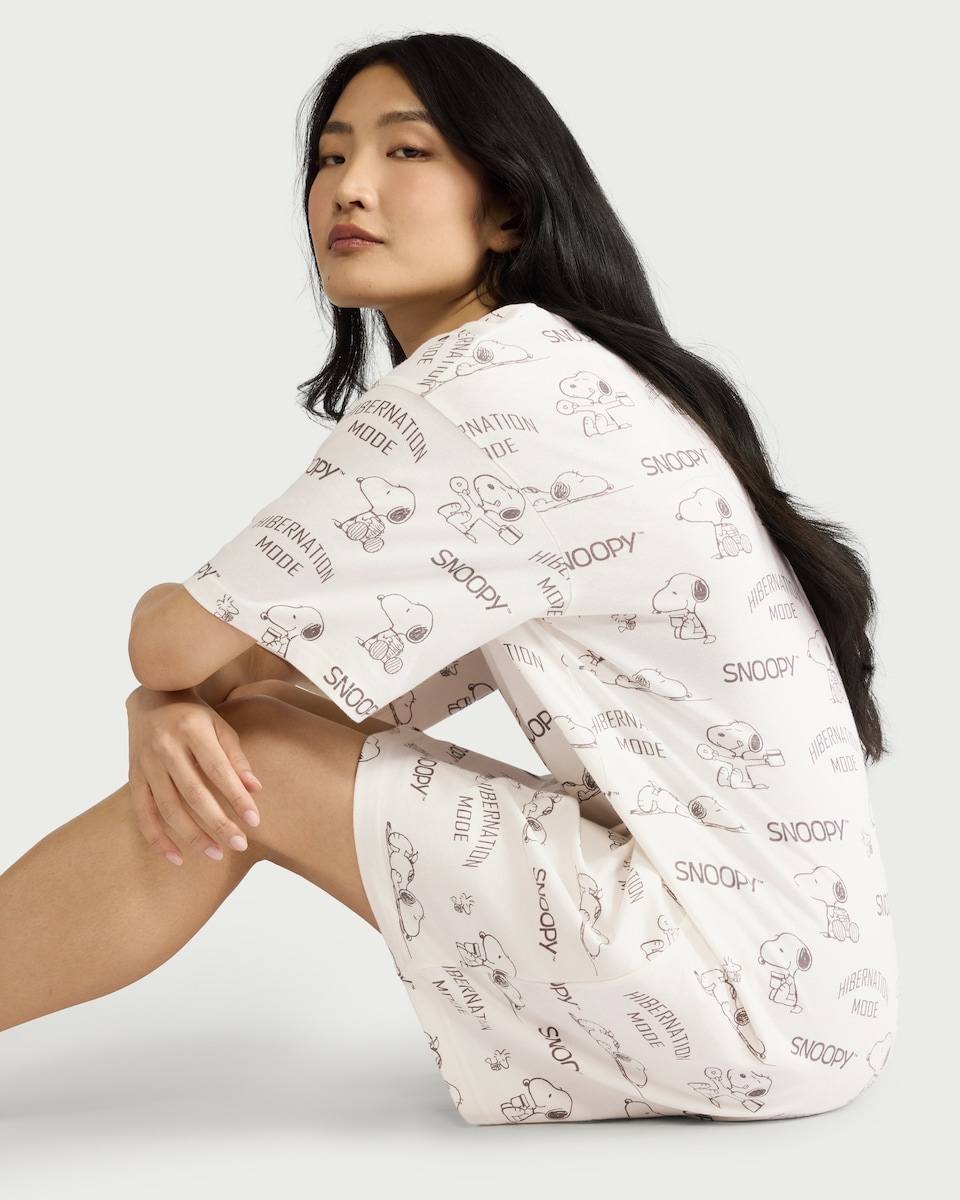 image 1 of Snoopy Pure Cotton Printed Pyjama Nightdress in Cream