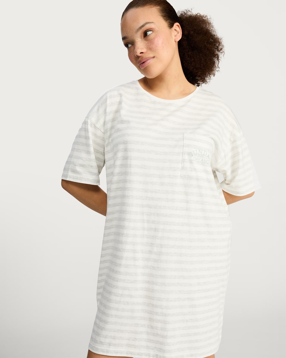 image 1 of F&F Cotton Rich Striped Slogan Nightdress in Multi Grey