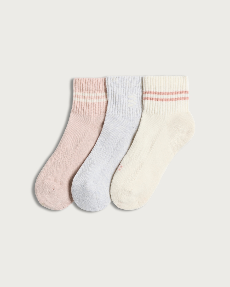 F&F Active 3-Pack Cotton Rich Stripe Accent Cropped Sports Socks in Pink