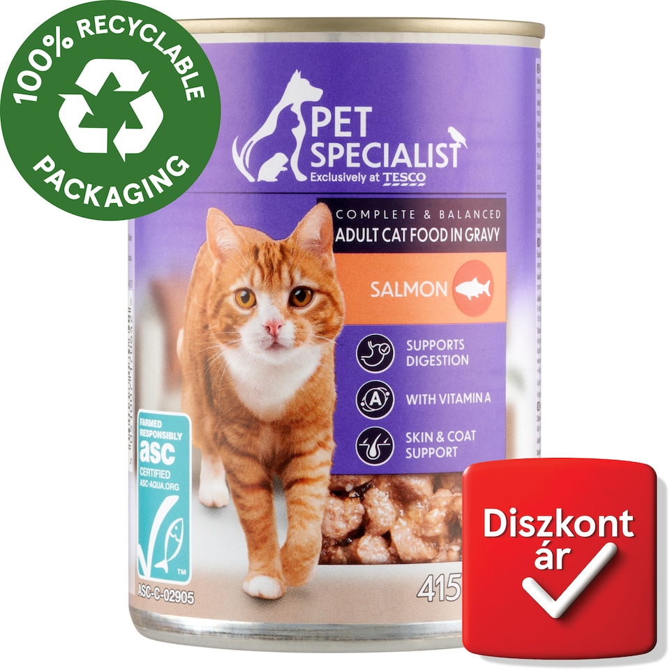 Pet Specialist teljes értékű állateledel felnőtt macskák számára falatkák lazaccal szószban 415 g