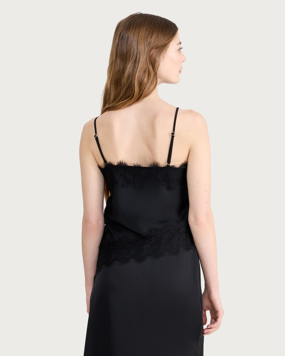 image 1 of F&F Satin Lace Trim Asymmetric Hem Co-ord Cami Top in Black