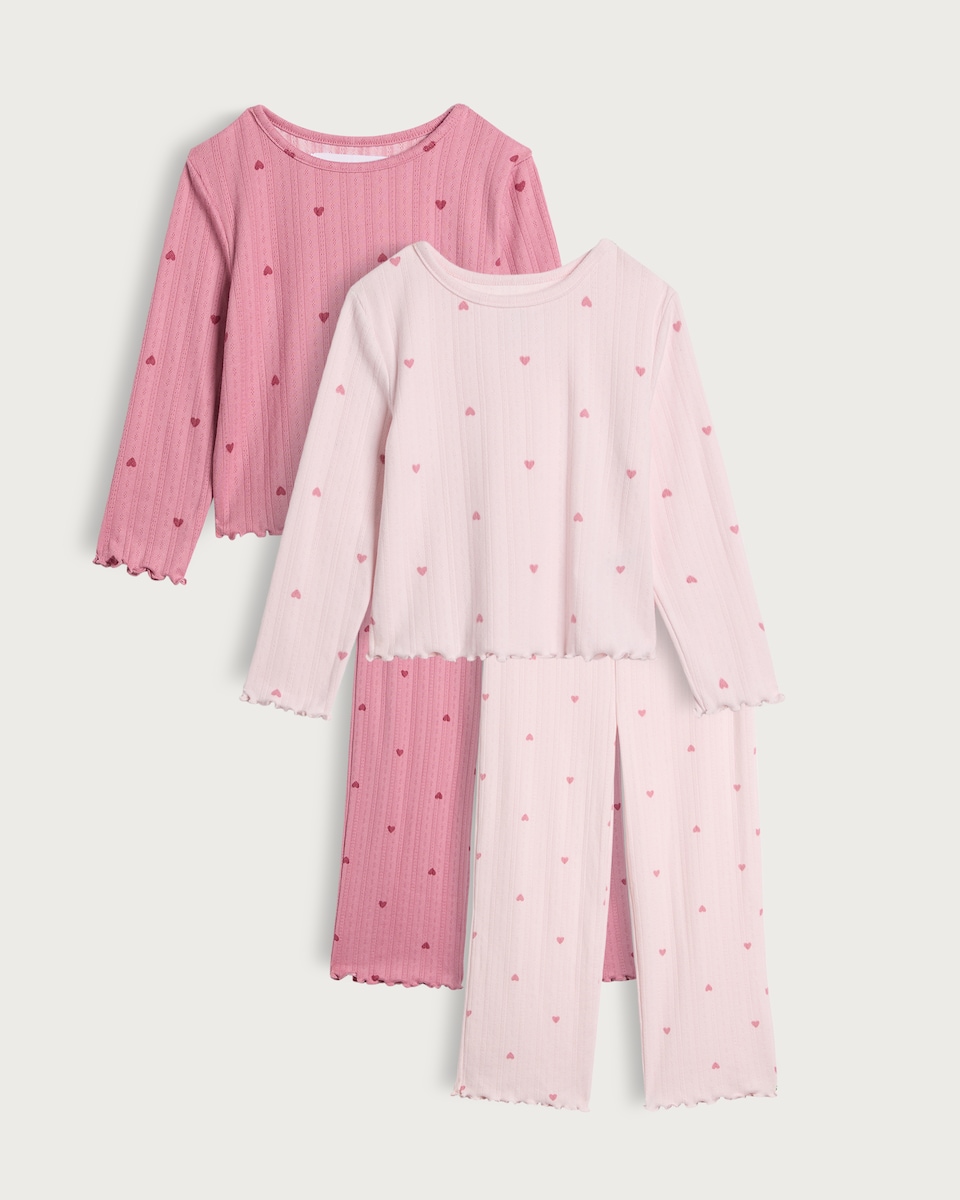 F&F Girls 2-Pack Pointelle Heart Print Pyjamas in Pink