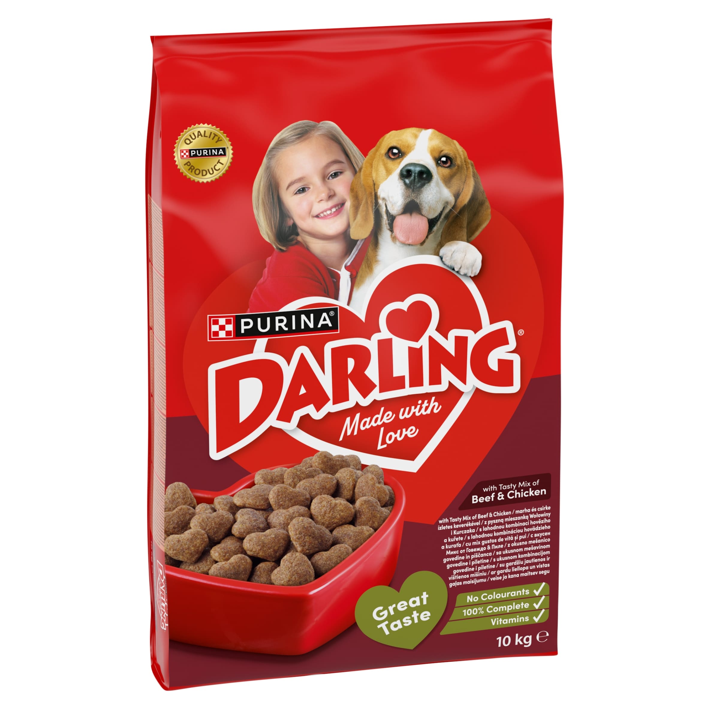 Hungary product data sample: Purina Darling marha és csirke ízletes keverékével száraz kutyaeledel 10 kg