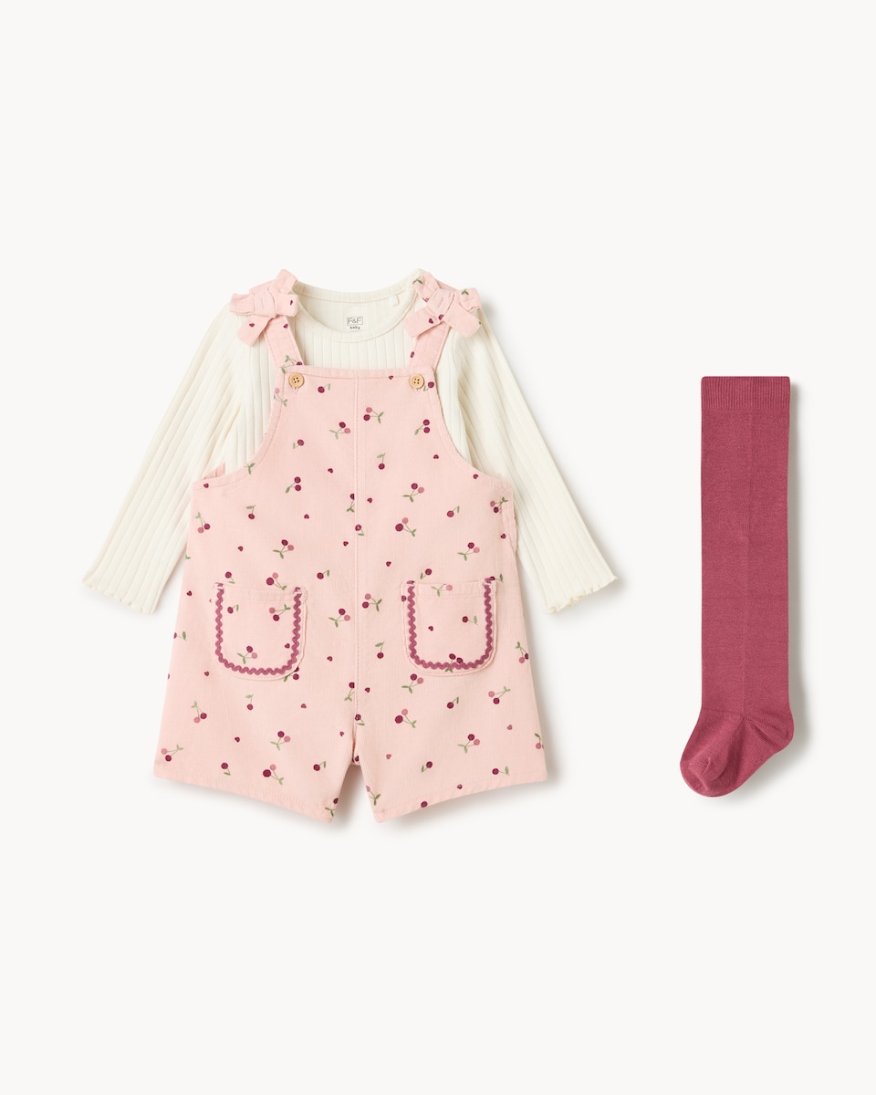 image 1 of F&F Baby Floral Dungarees, Bodysuit and Tights Set in Pink