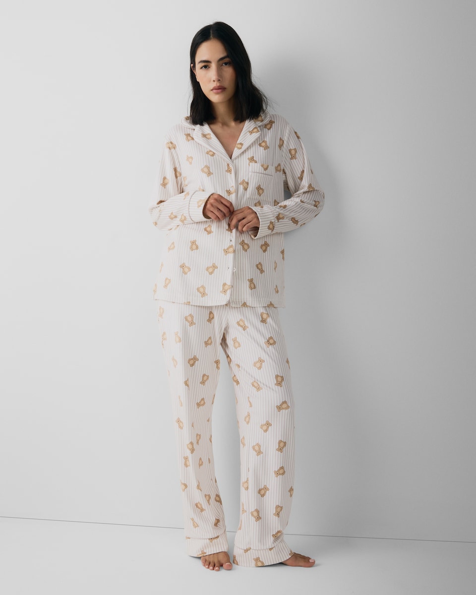 image 1 of F&F Fleece Striped Bear Print Revere Pyjama Set in Cream