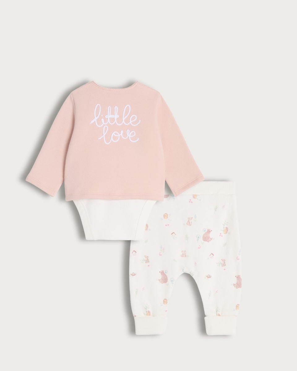 image 1 of F&F Baby 3-Piece Cotton Rich Cardigan, Bodysuit and Legging Set in Multi Pink