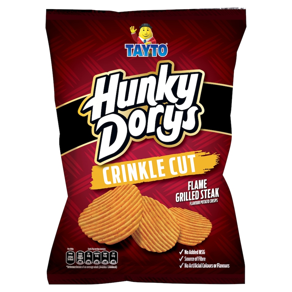 Tayto Hunky Dorys Crinkle Cut Flame Grilled Steak Flavour Potato Flavoured Crips 130g