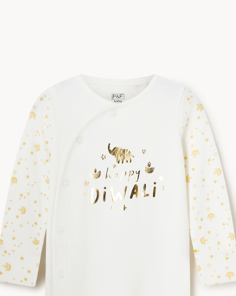 image 1 of F&F Baby Pure Cotton Printed Diwali Sleepsuit in White