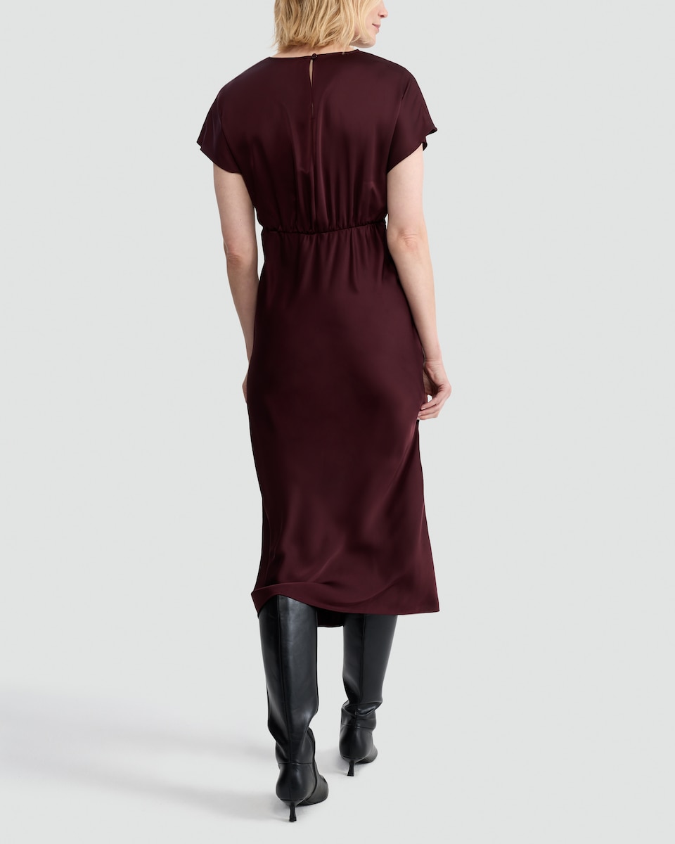 image 1 of F&F Satin V Neck Midi Dress in Burgundy