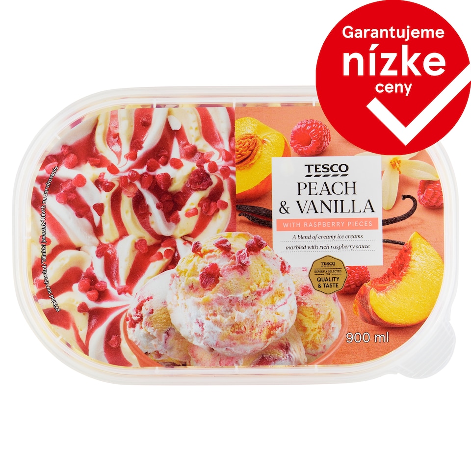 Tesco Mrazený krém broskyňový a mrazený krém s extraktom bourbon vanilky s kúskami malín 900 ml