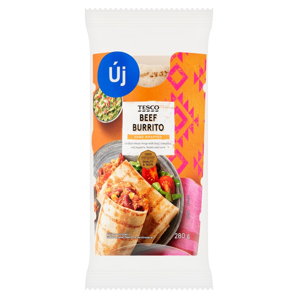 Tesco búzatortilla párolt rizzsel, marhahússal és mozzarella-cheddar sajtkeverékkel töltve 280 g