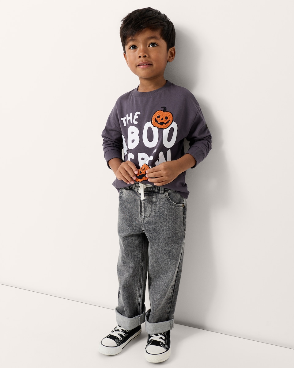 image 1 of F&F Boys Pure Cotton Boo Crew Halloween Print Top in Grey