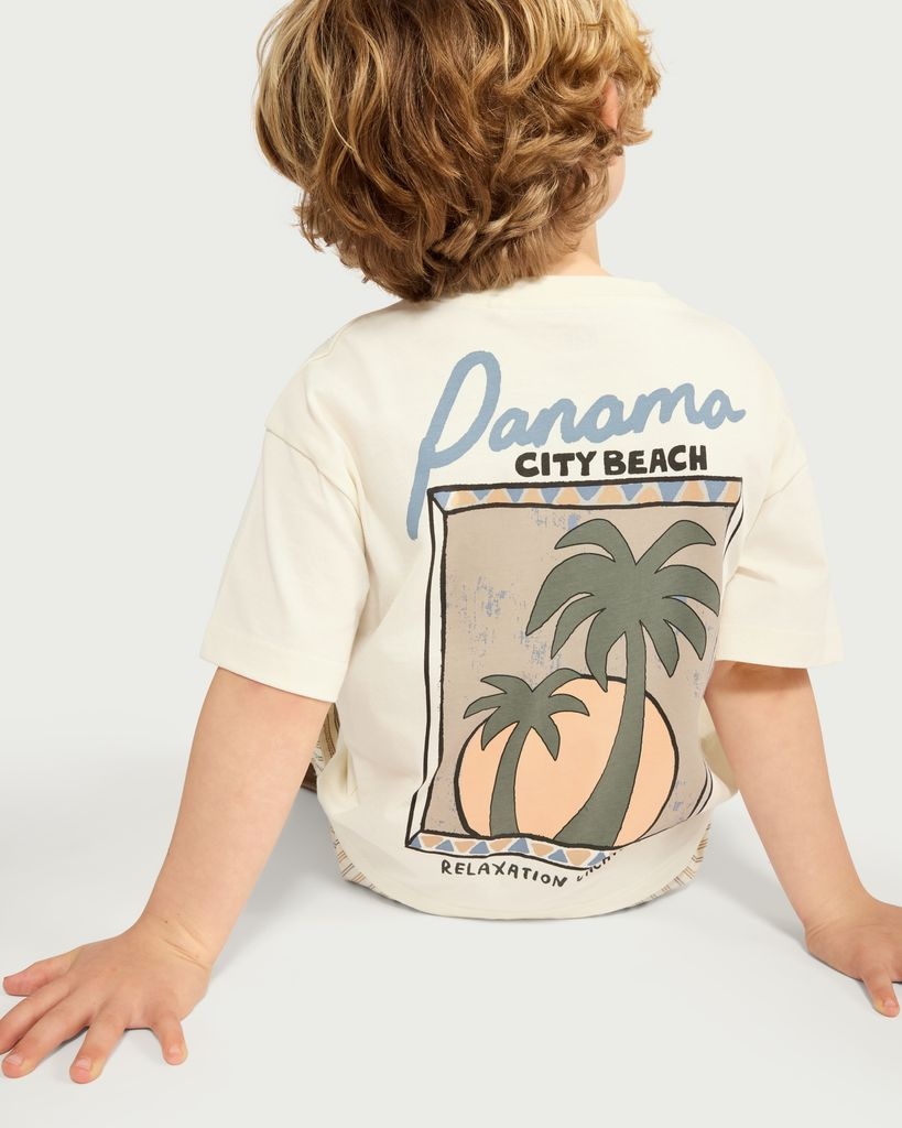 F&F Boys 2-Piece Pure Cotton Panama City Beach T-Shirt and Striped Shorts Set in Stone
