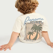 F&F Boys 2-Piece Pure Cotton Panama City Beach T-Shirt and Striped Shorts Set in Stone